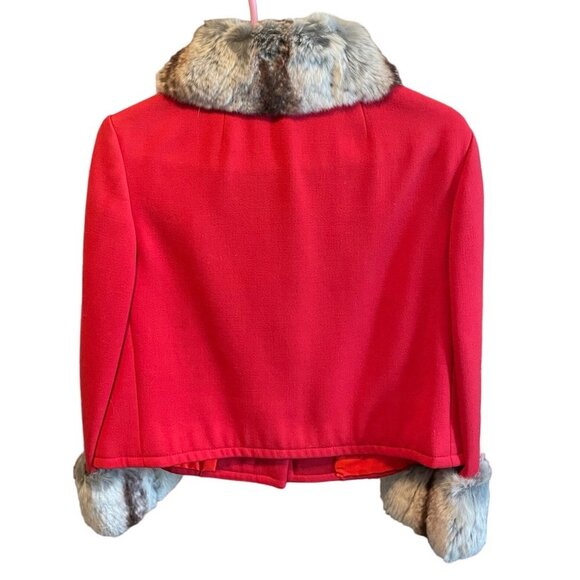 Vintage 60s Jack Feit Red Fitted Fur Trimmed Short Cropped Mod Blazer Jacket - Picture 2 of 12